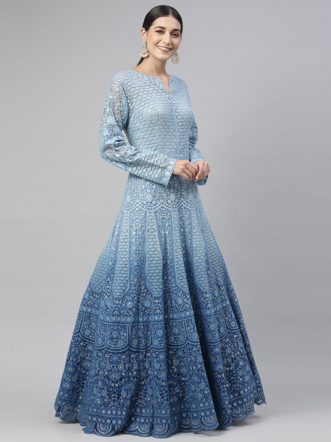 Neerus Blue Color Nett Fabric Gown