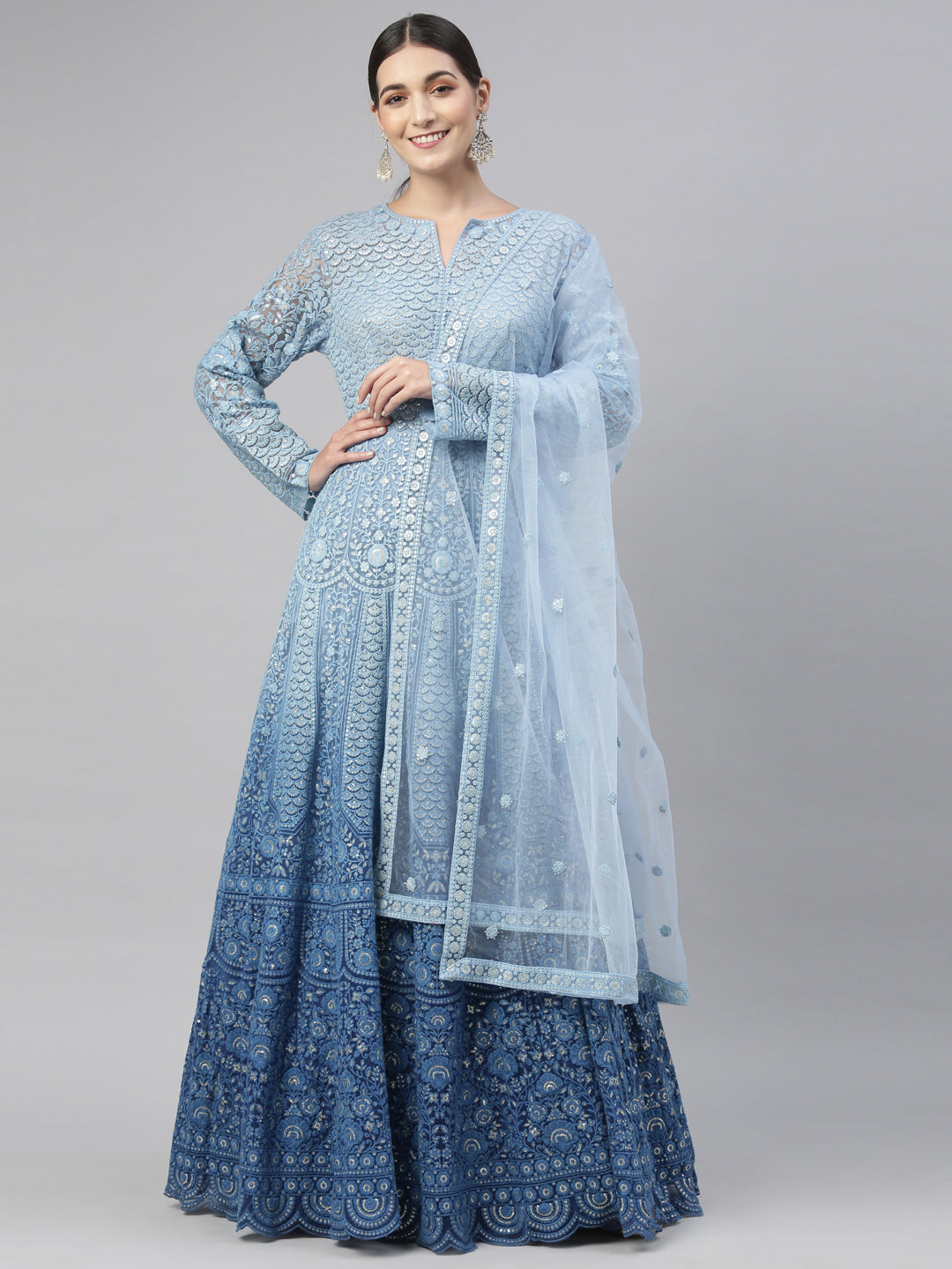 Neerus Blue Color Nett Fabric Gown