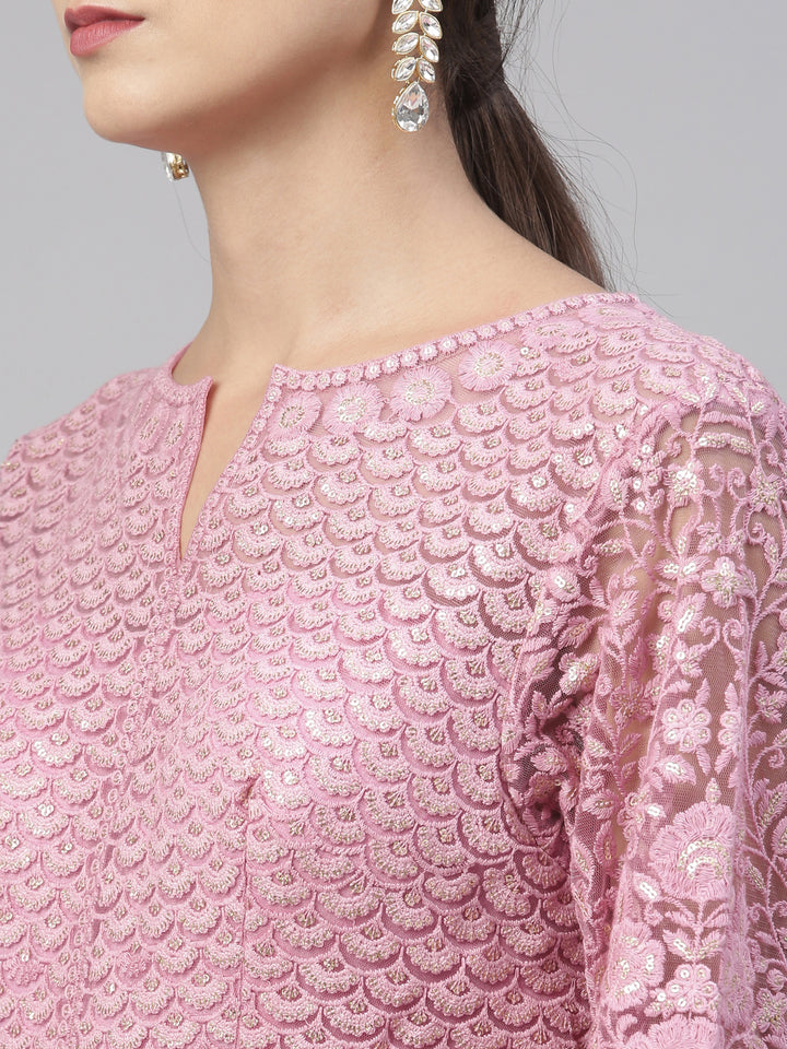 Neerus Pink net embroidered gown - detail view 19
