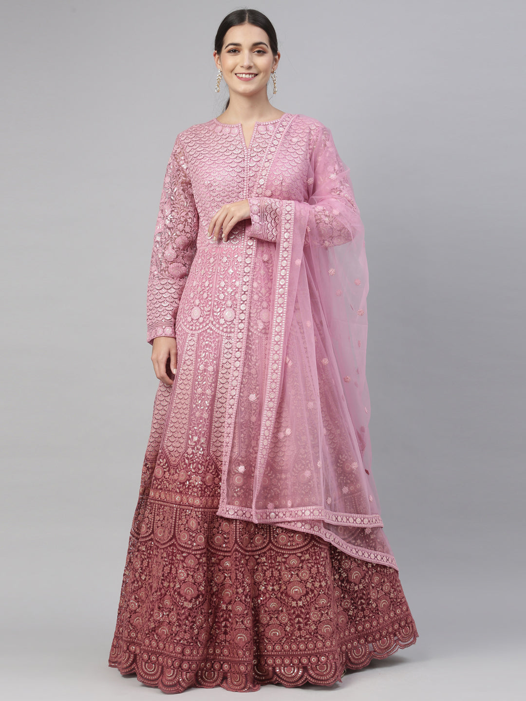 Neerus Pink net embroidered gown - front view