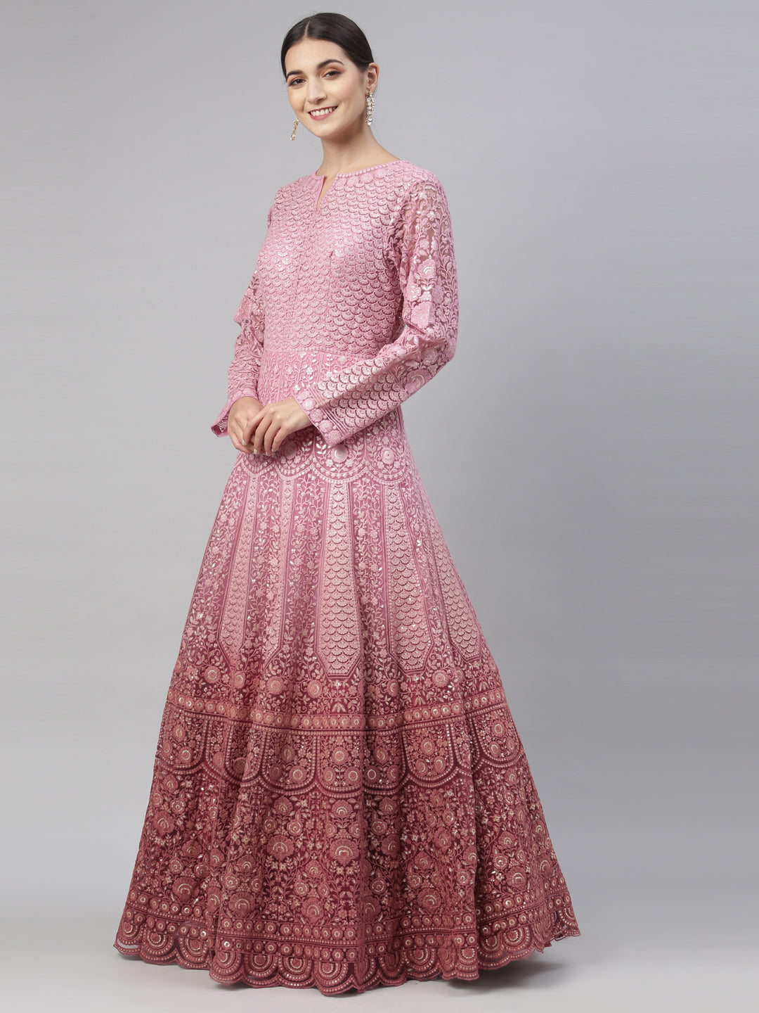 Neerus Pink net embroidered gown - detail view 13