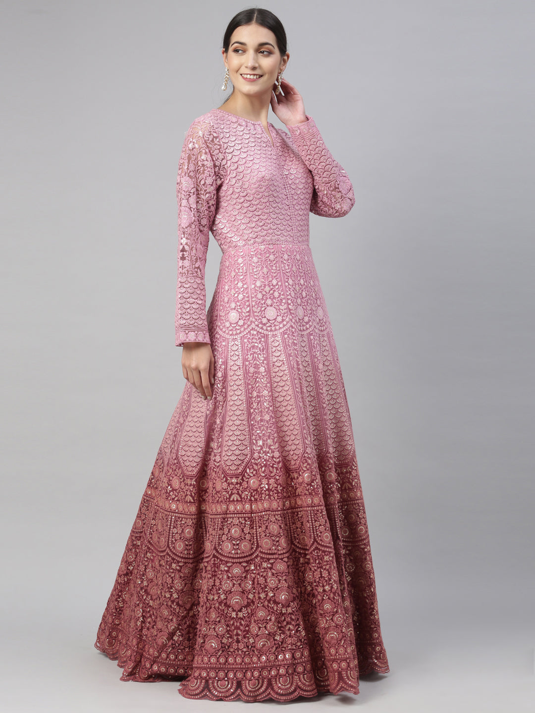 Neerus Pink net embroidered gown - detail view 14