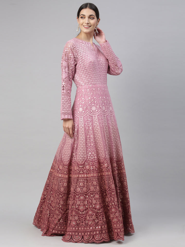Neerus Pink net embroidered gown - detail view 14