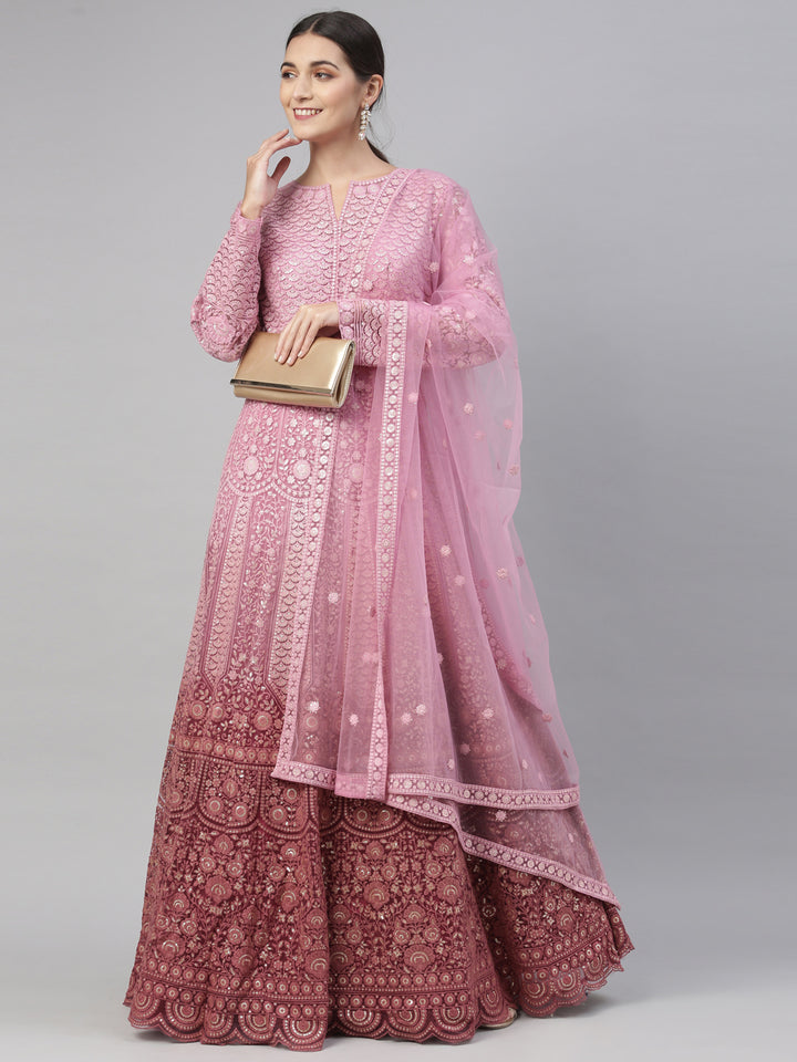 Neerus Pink Color Nett Fabric Gown