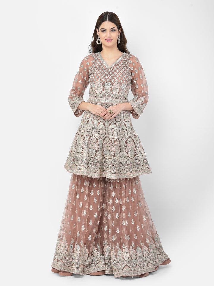 Neerus Pink net embroidered sharara set - front view