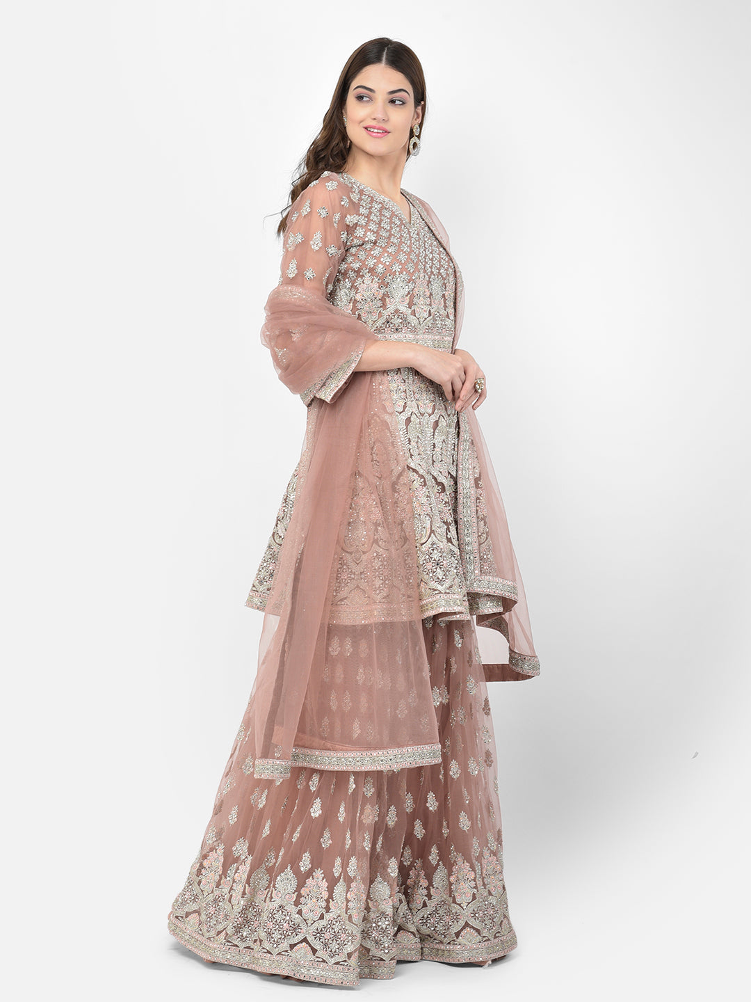 Neerus Pink net embroidered sharara set - side view