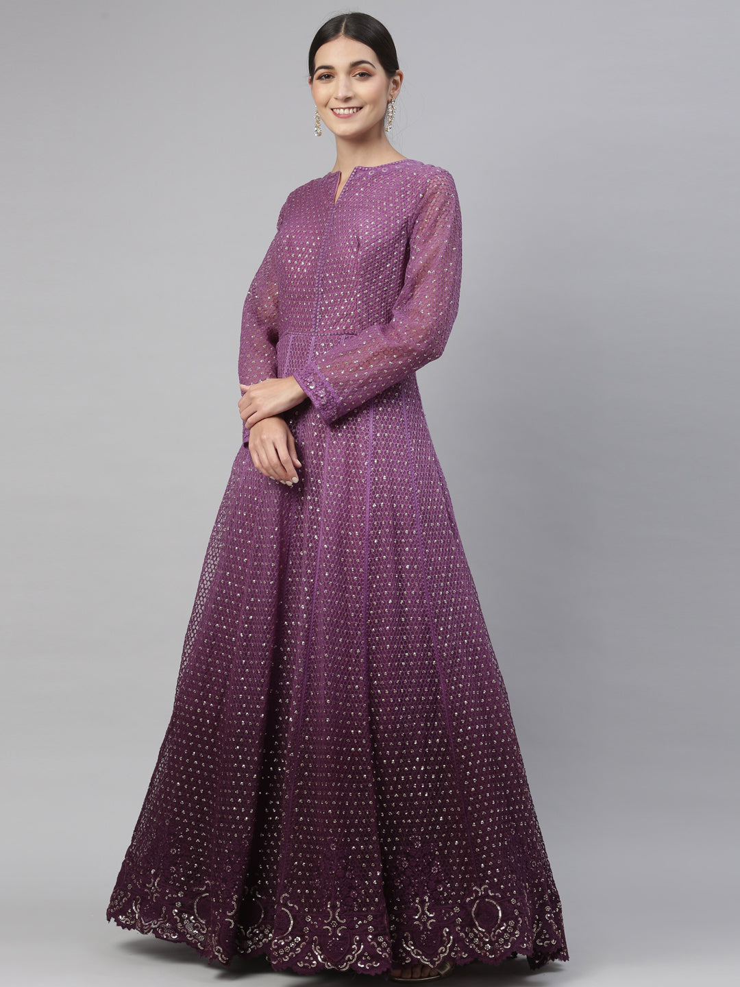 Neerus Purple Color Nett Fabric Gown