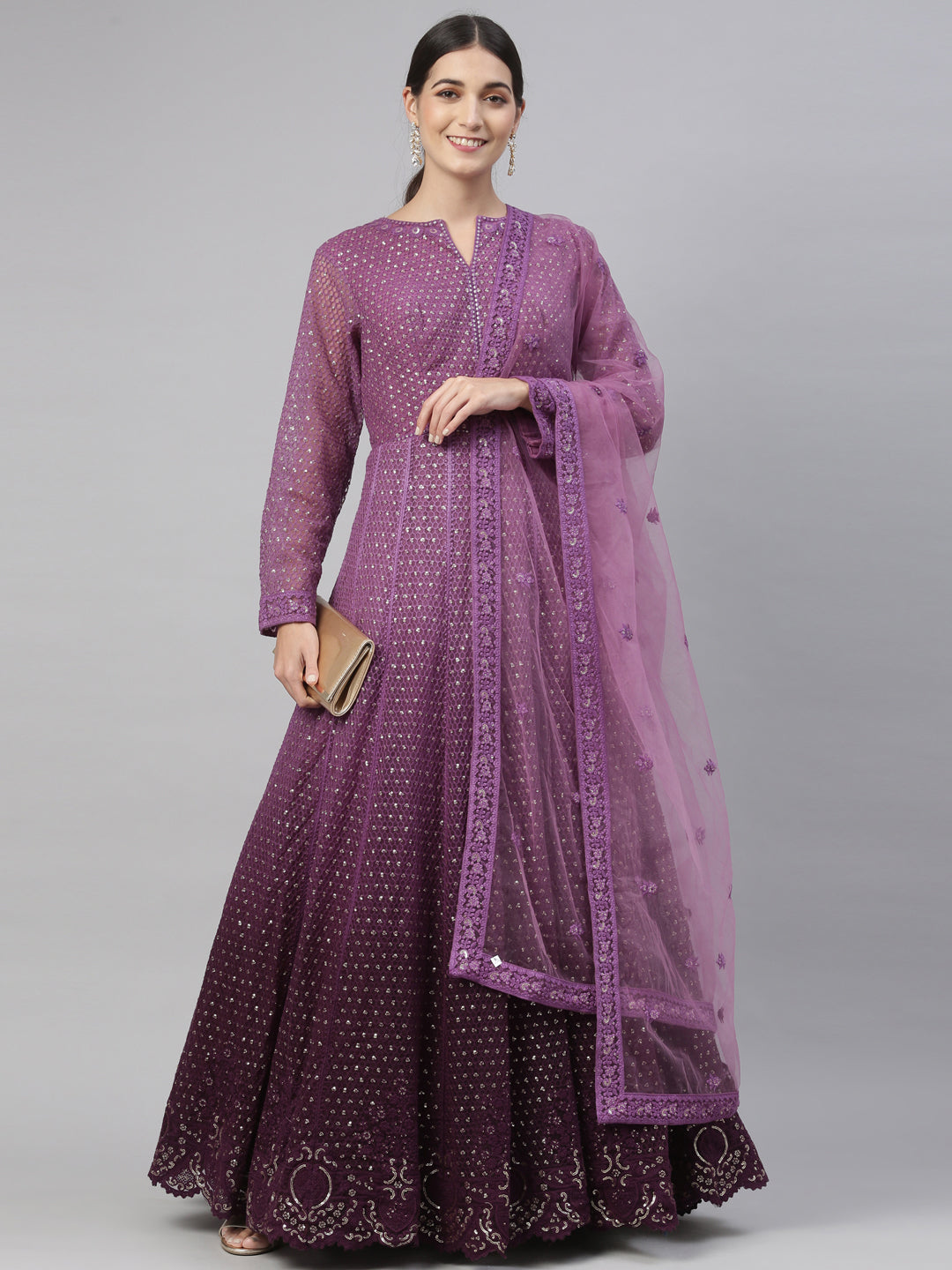 Neerus Purple Color Nett Fabric Gown – Neerus India