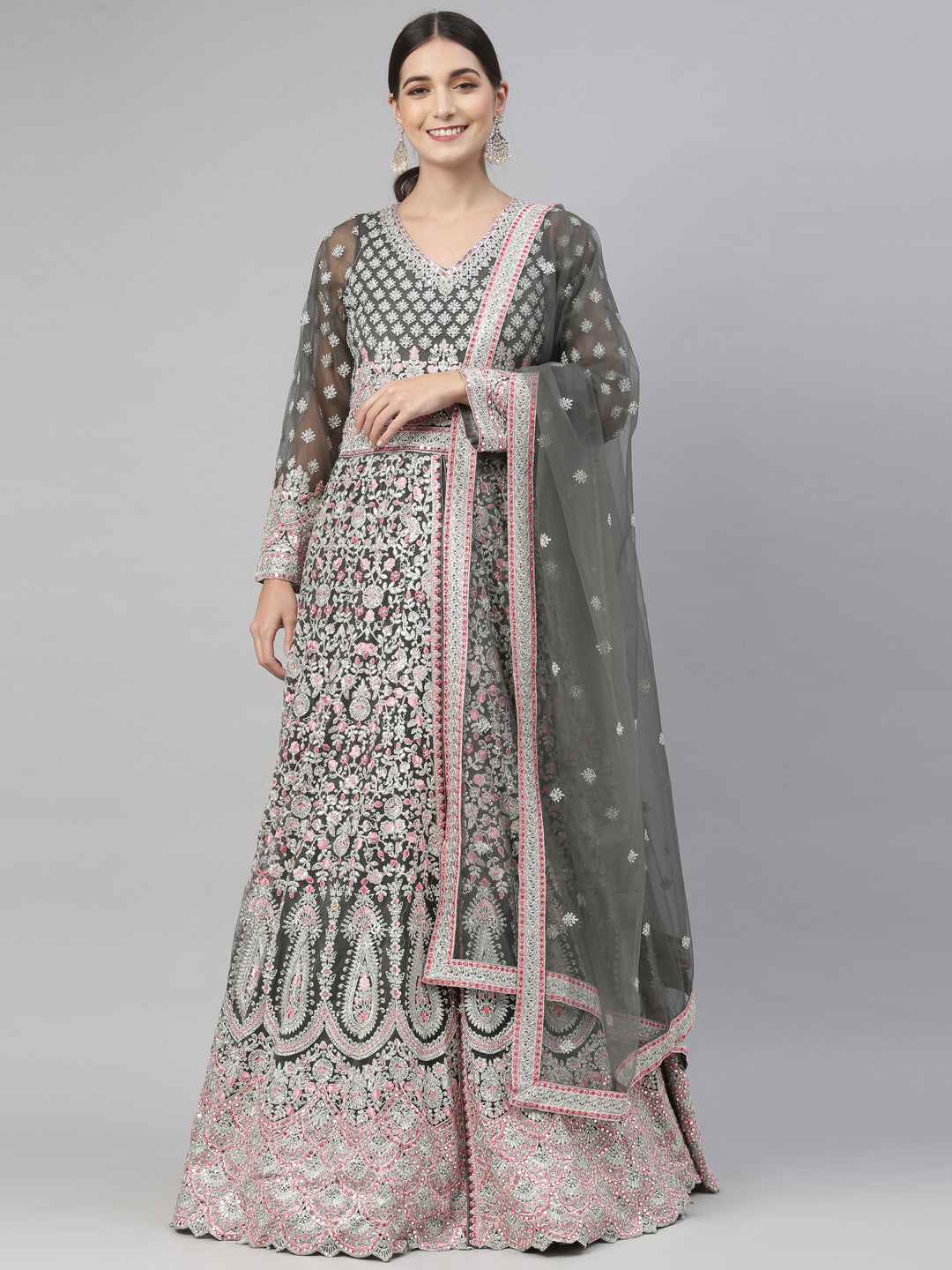 Neerus Green Color Nett Fabric Gown