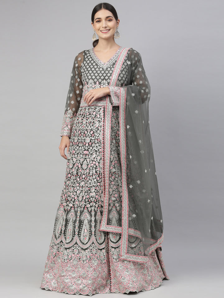 Neerus Green net embroidered gown - front view