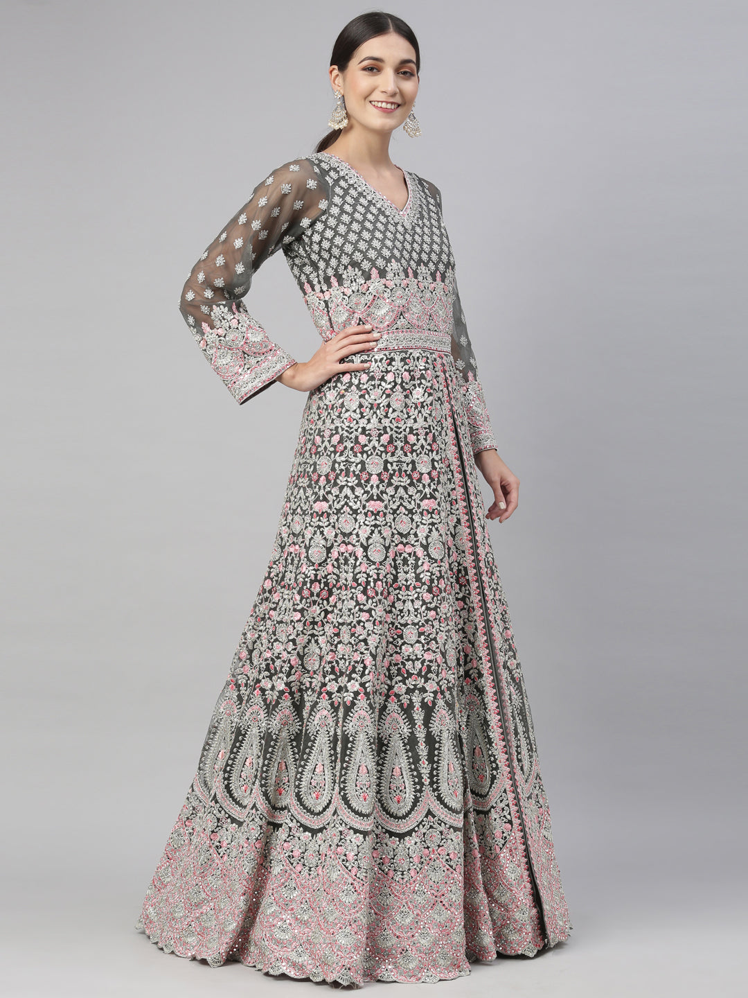 Neerus Green net embroidered gown - detail view 15