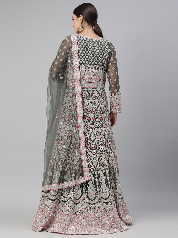 Neerus Green net embroidered gown - detail view 16