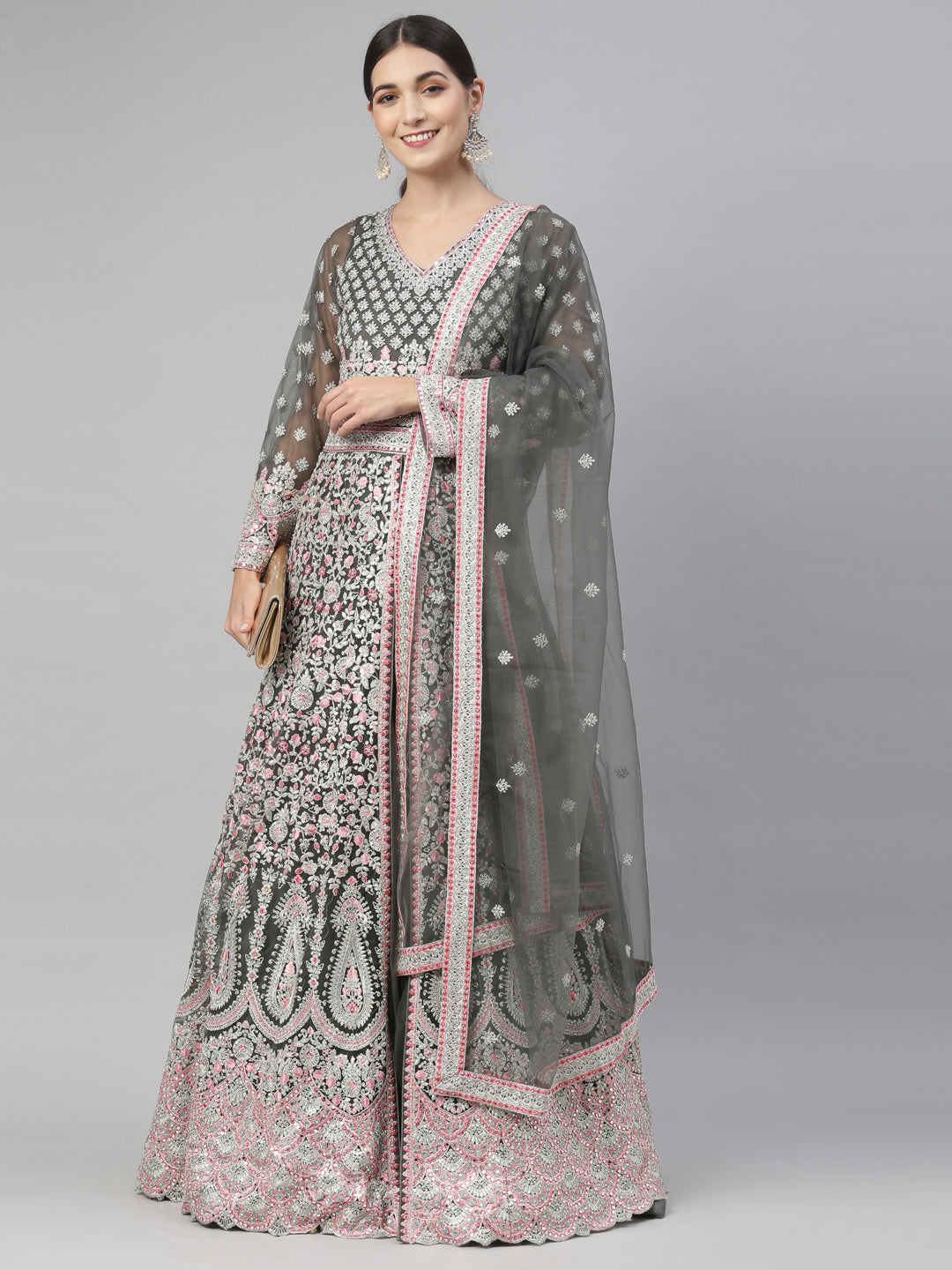 Neerus Green Color Nett Fabric Gown