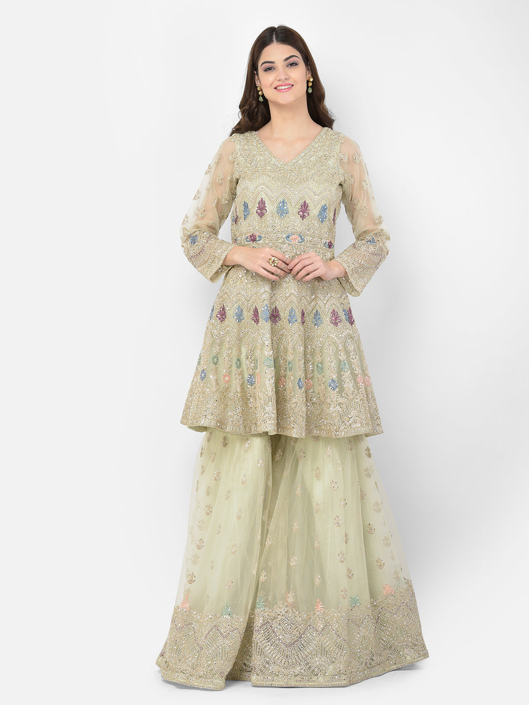 Neerus Green net embroidered sharara set - back view