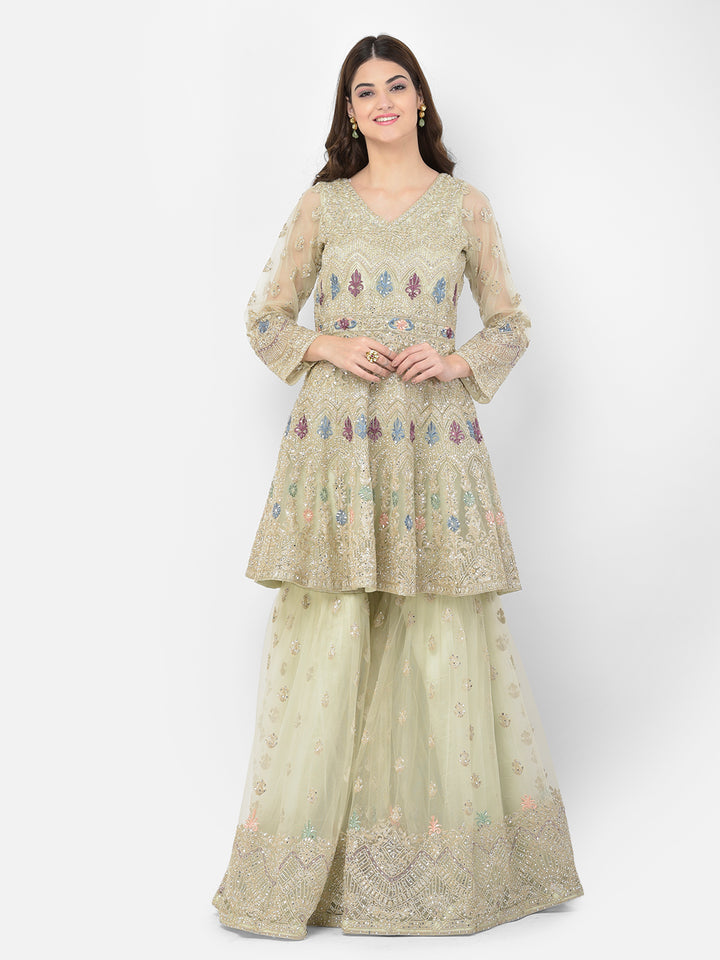 Neerus Green net embroidered sharara set - back view