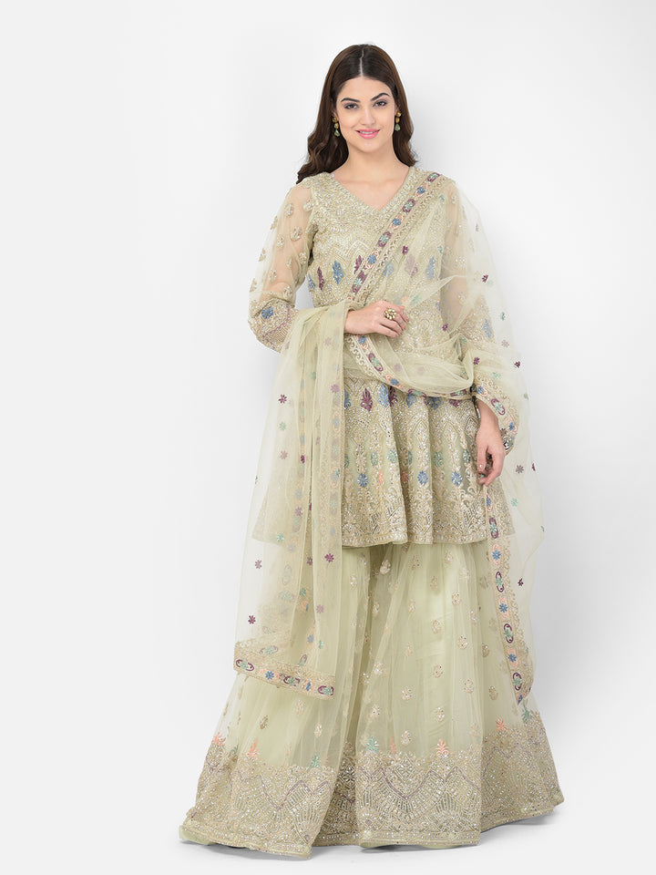 Neerus Green net embroidered sharara set - front view