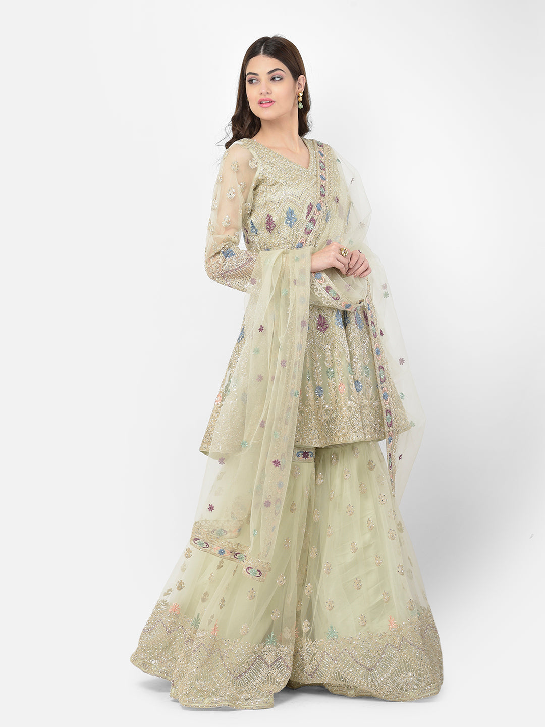 Neerus Green net embroidered sharara set - detail view 1