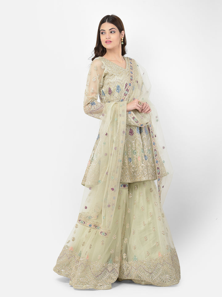 Neerus Green net embroidered sharara set - detail view 1