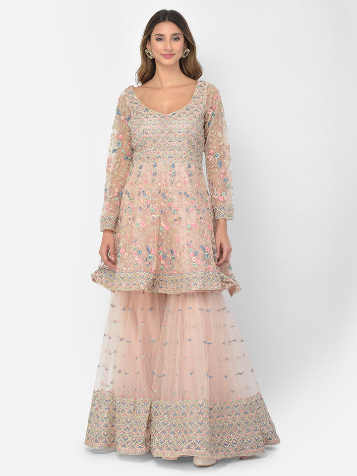 Neerus Orange net embroidered sharara set - detail view 2