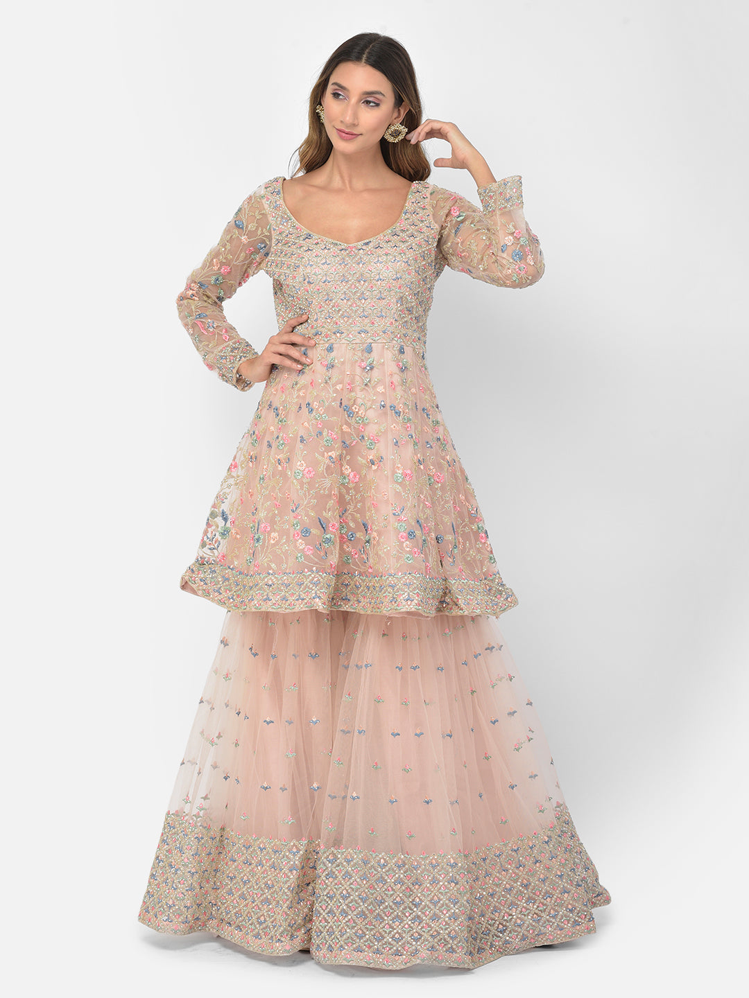 Neerus Orange net embroidered sharara set - detail view 1