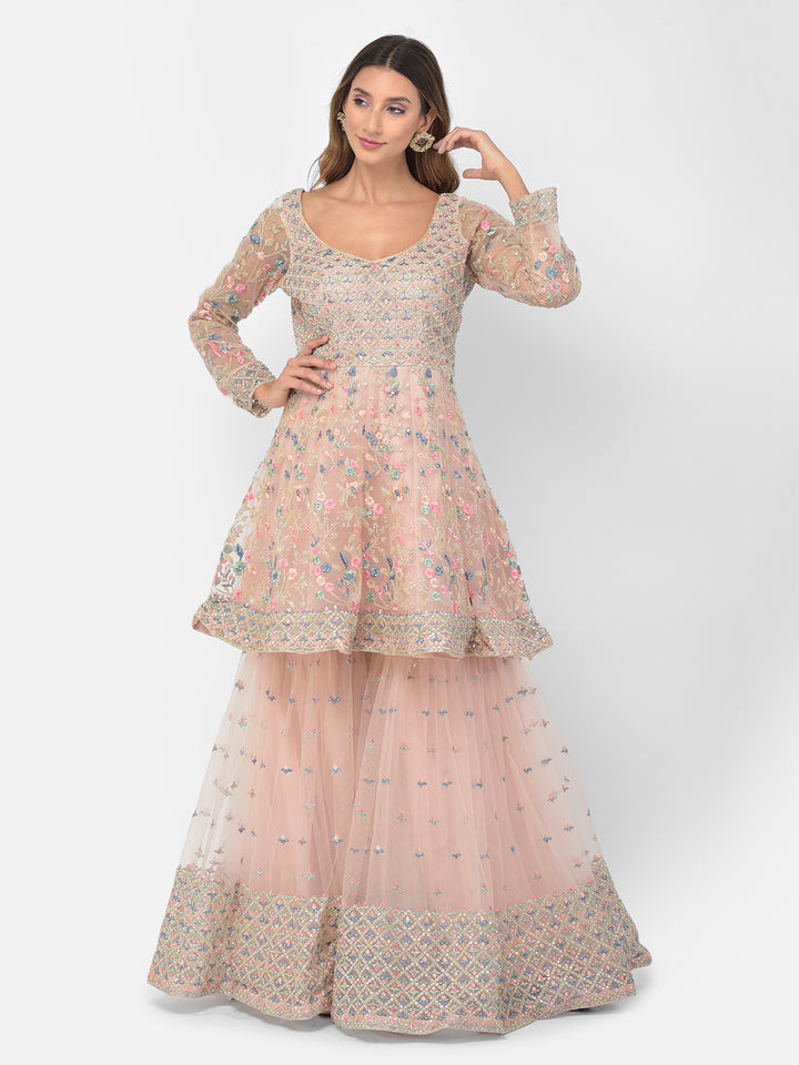 Neerus Orange net embroidered sharara set - detail view 1