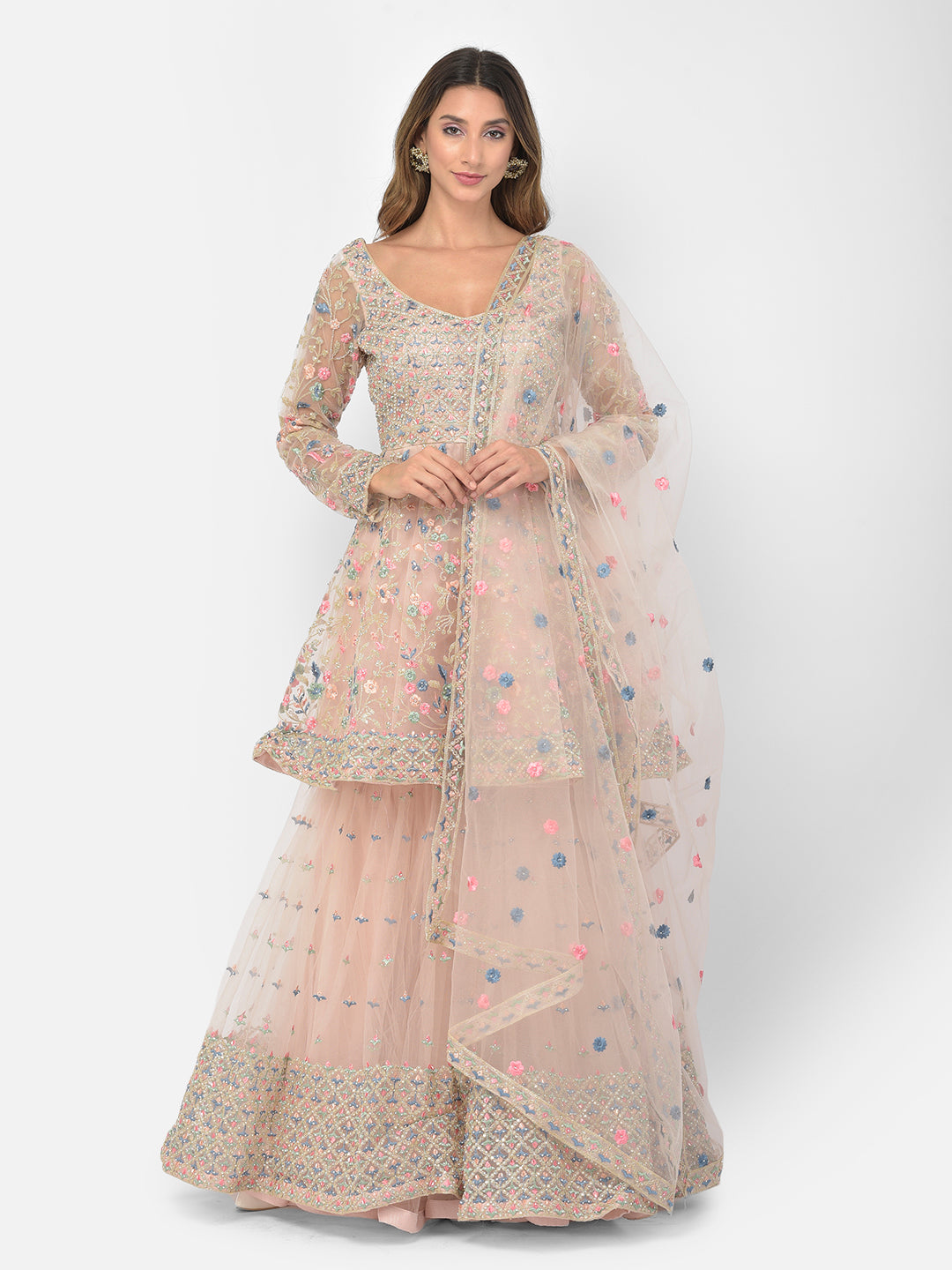 Neerus Orange net embroidered sharara set - front view