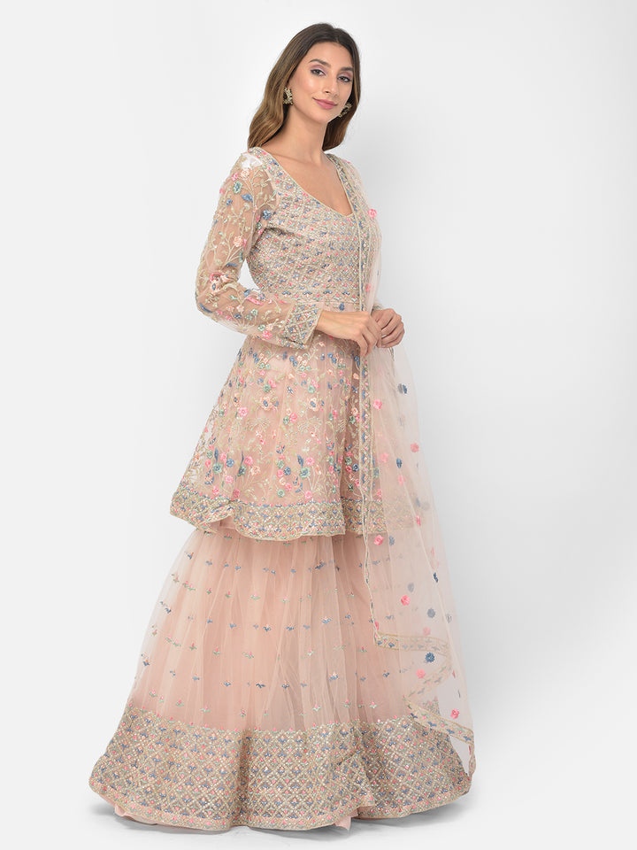 Neerus Orange net embroidered sharara set - detail view 4