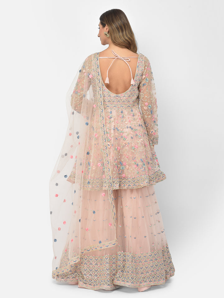 Neerus Orange net embroidered sharara set - detail view 5