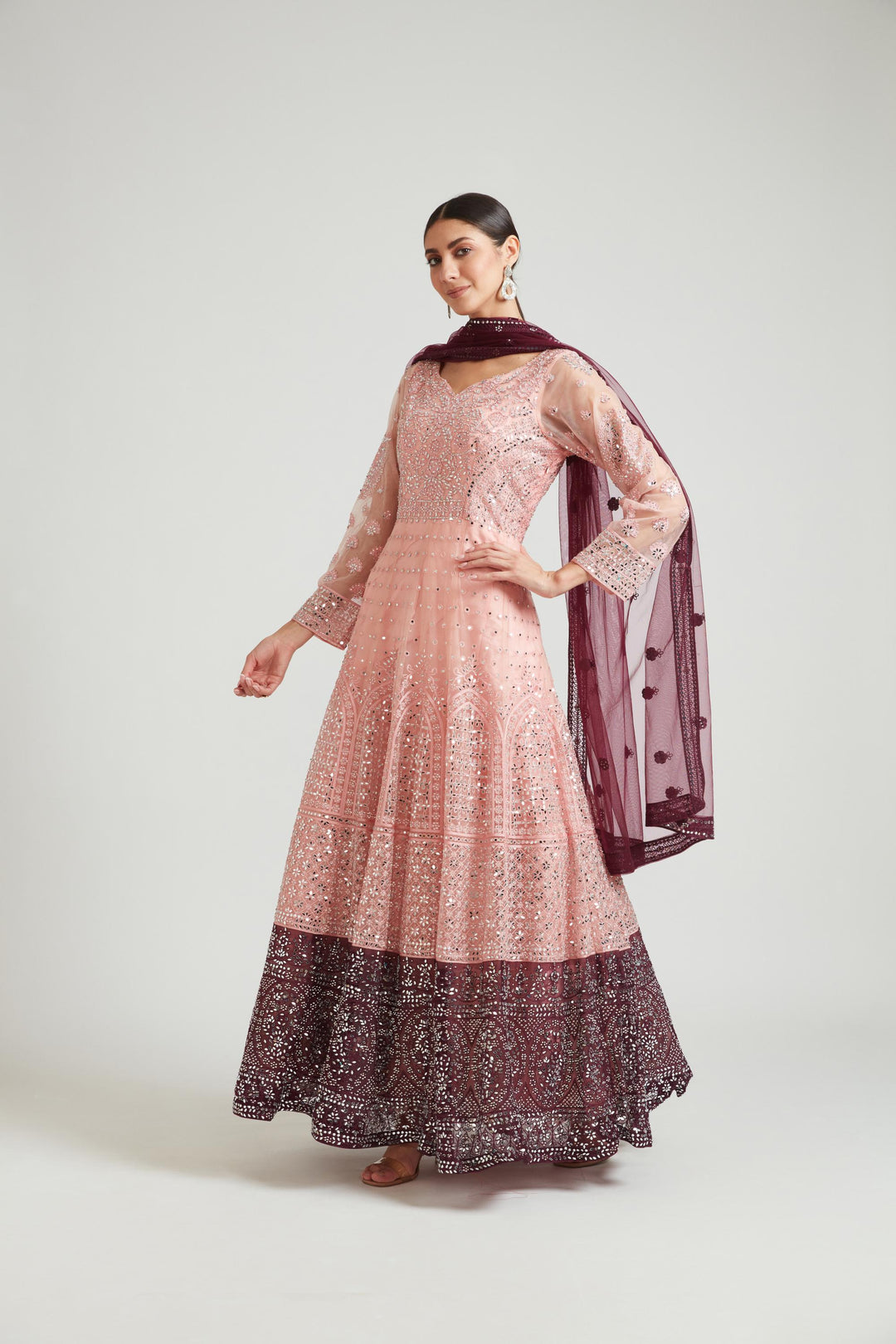 Neerus Orange net embroidered dress - front view