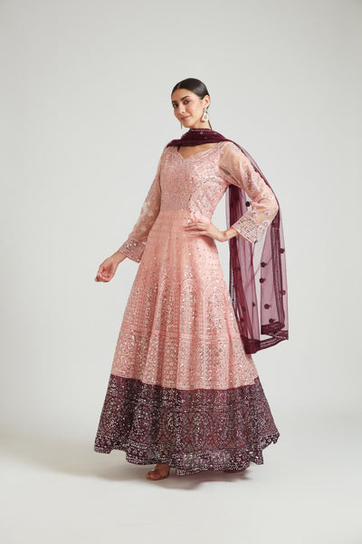 Neeru's Peach Color Nett Fabric Dress