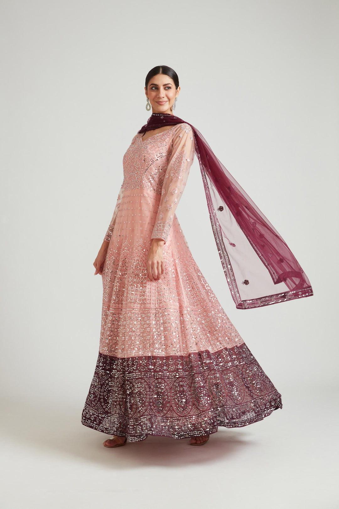 Neerus Orange net embroidered dress - back view