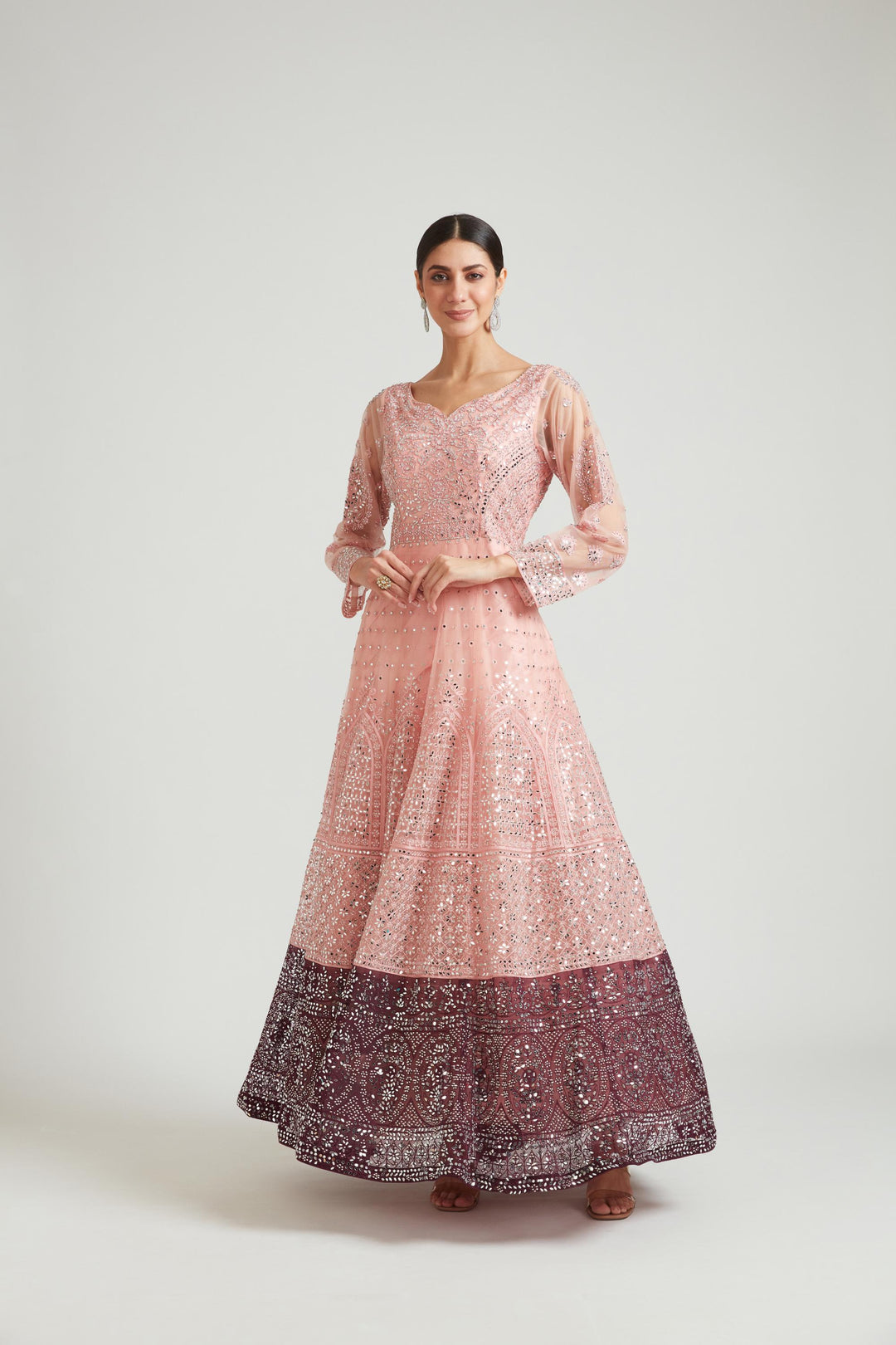 Neerus Orange net embroidered dress - side view