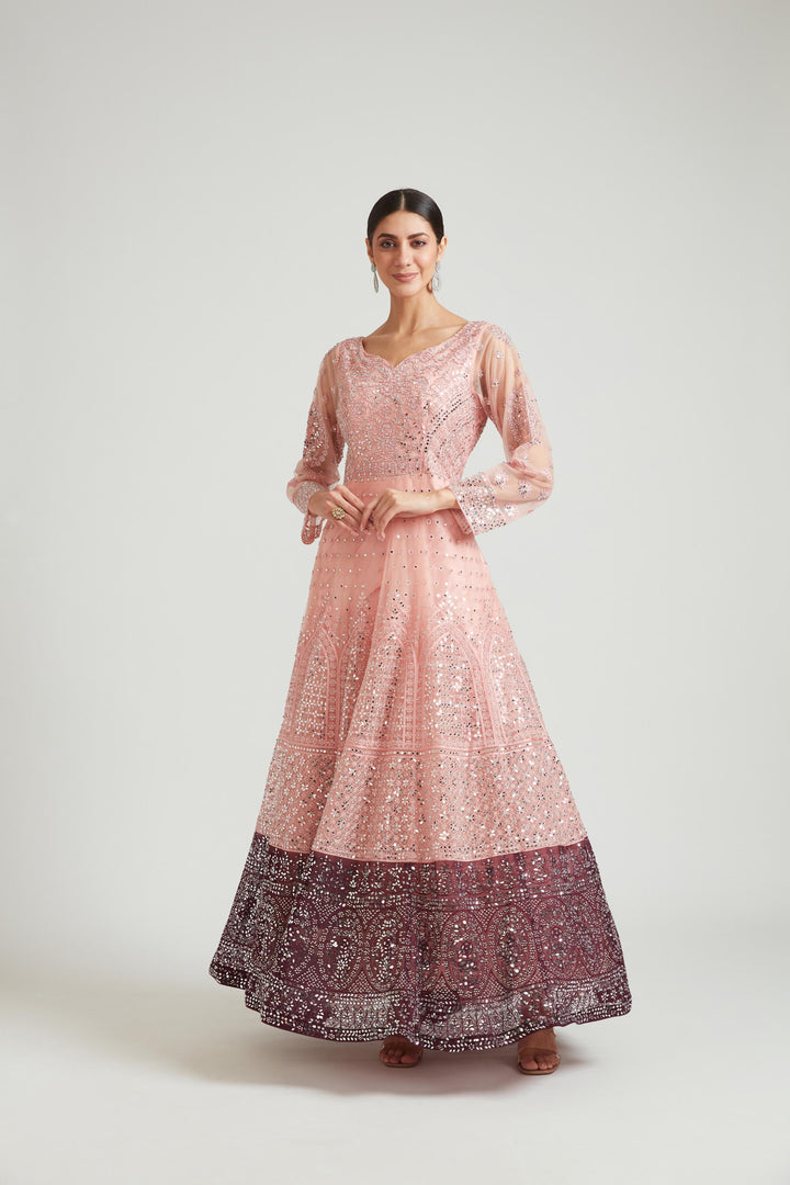 Neerus Orange net embroidered dress - side view