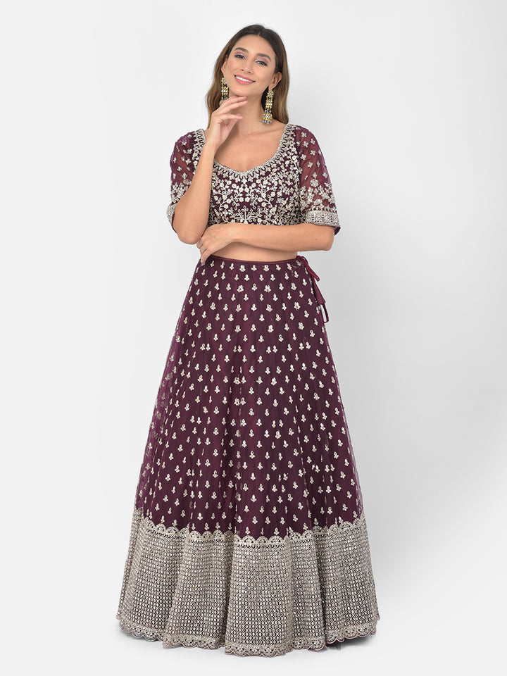 Neerus Maroon net embellished lehenga choli - detail view 5