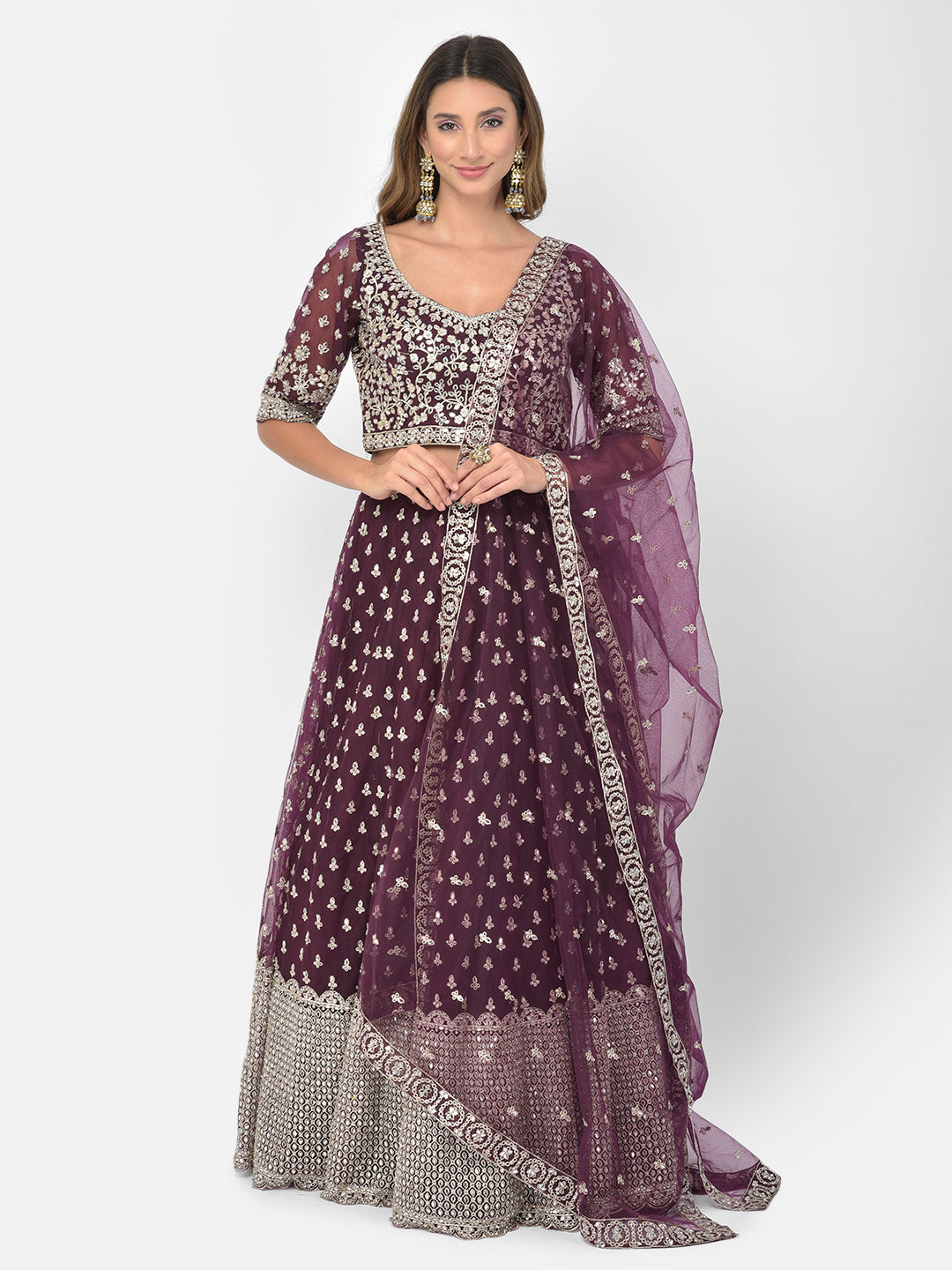 Neerus Maroon net embellished lehenga choli - front view