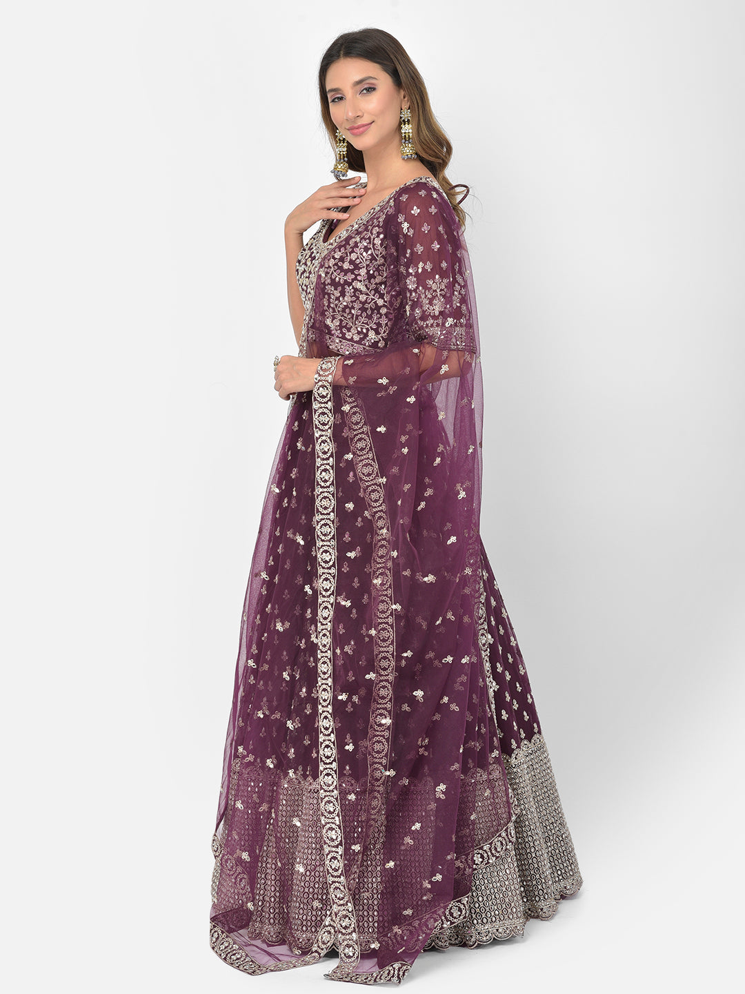 Neerus Maroon net embellished lehenga choli - back view