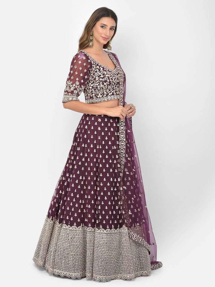 Neerus Maroon net embellished lehenga choli - side view