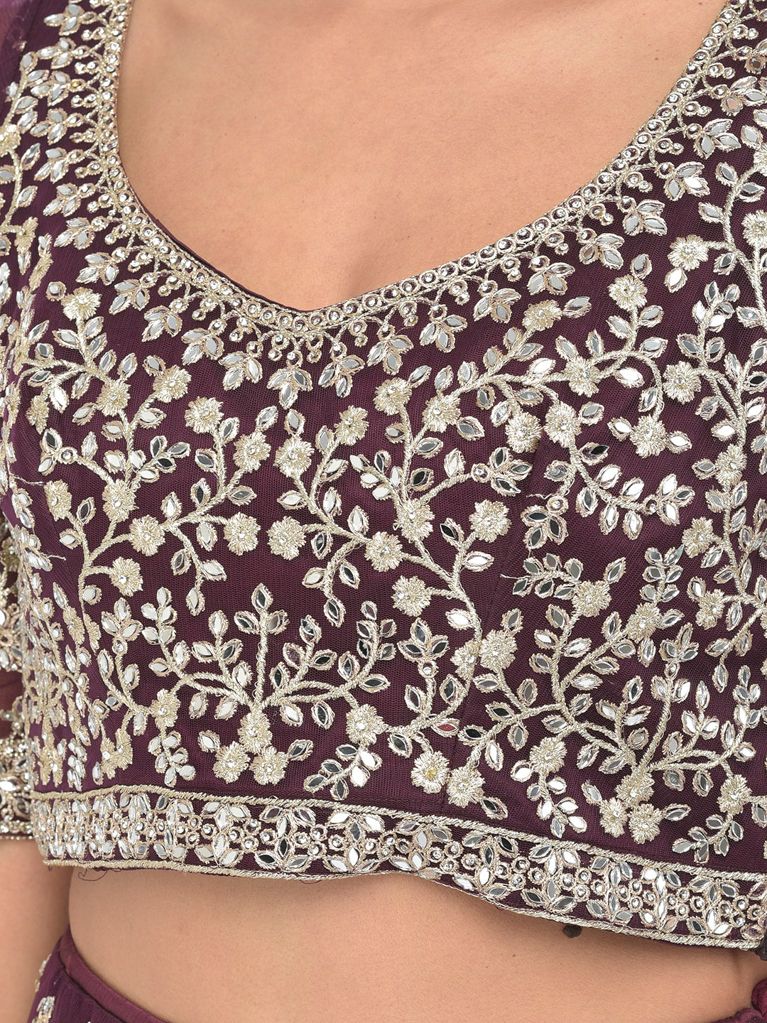 Neerus Maroon net embellished lehenga choli - detail view 4