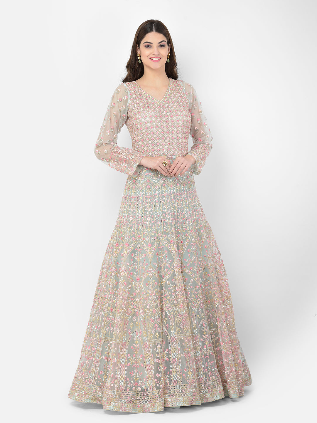 Neerus Green net embroidered suit set - back view