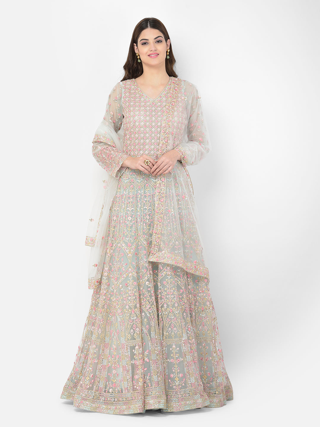 Neerus Green net embroidered suit set - detail view 5