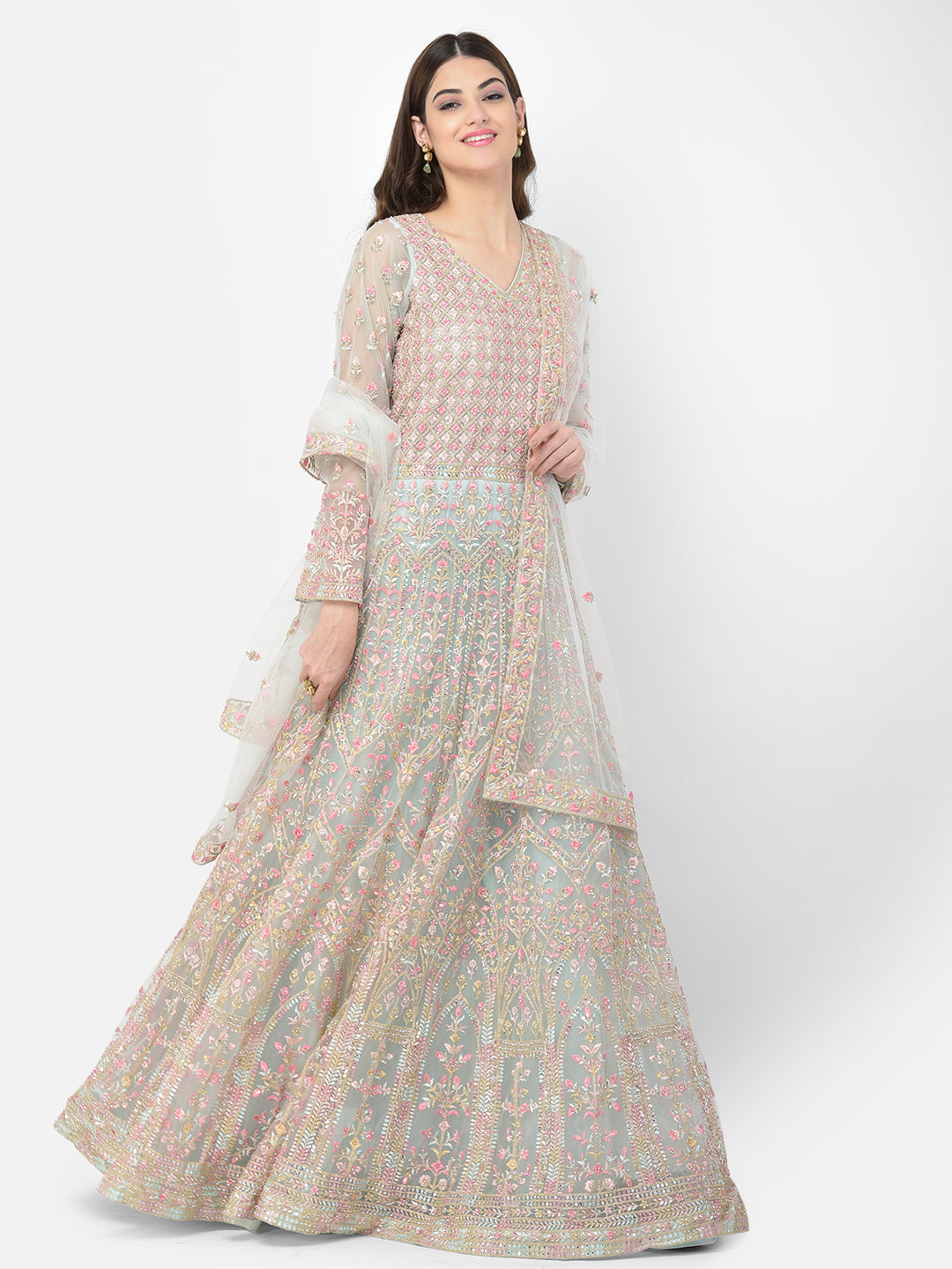 Neerus Green net embroidered suit set - side view