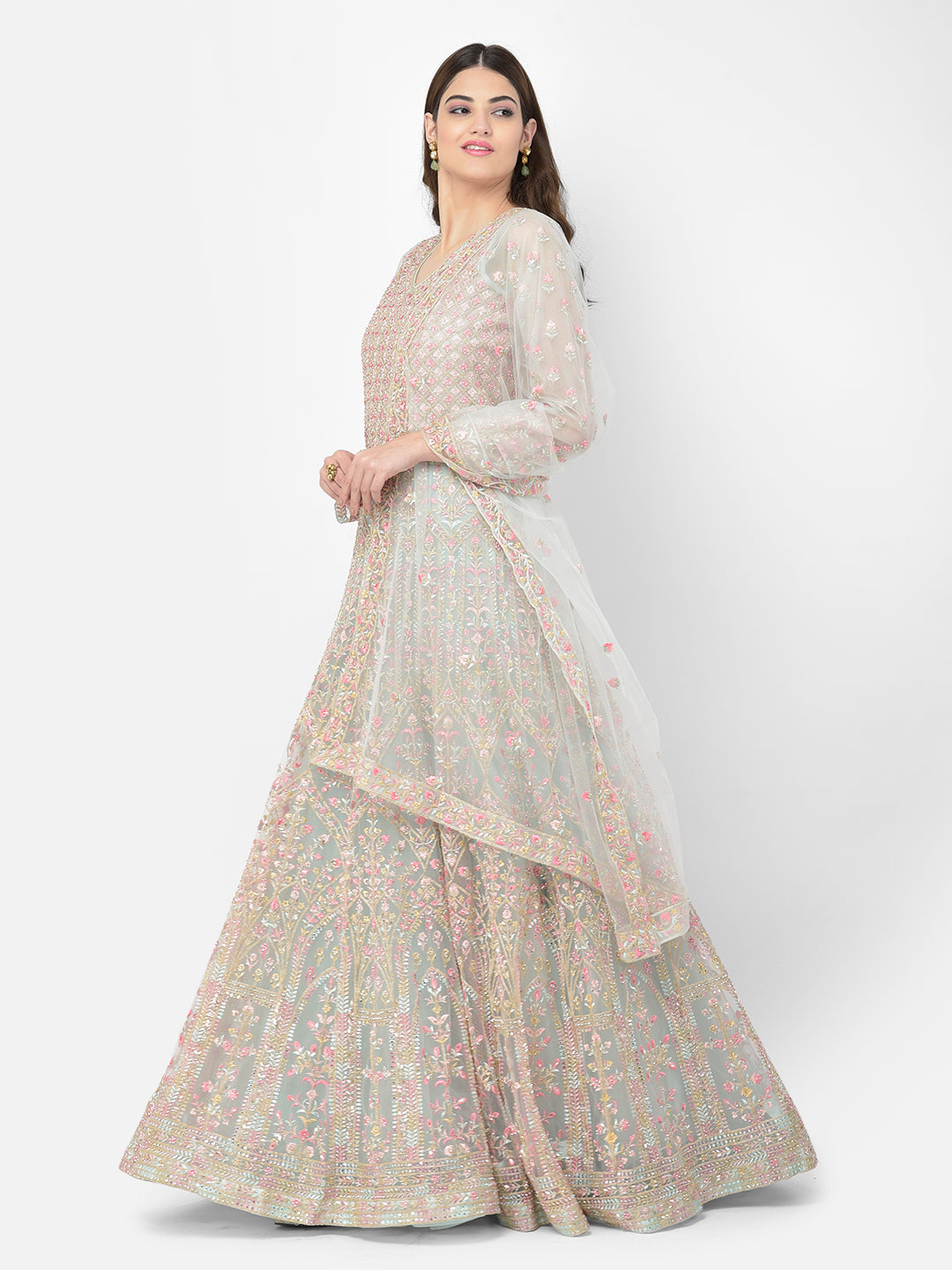 Neerus Green net embroidered suit set - detail view 1
