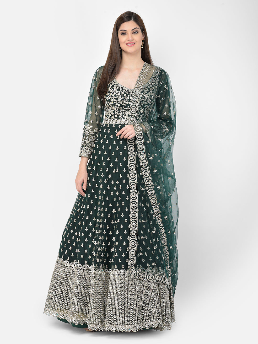 Neerus Green net embroidered anarkali suit - detail view 1
