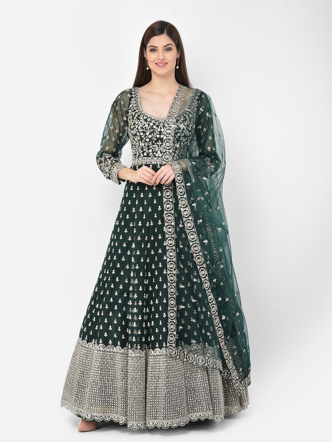 Neerus Green net embroidered anarkali suit - detail view 2