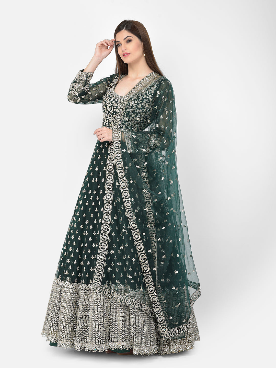 Neeru's Bottle Green Color Nett Fabric Suit-Anarkali