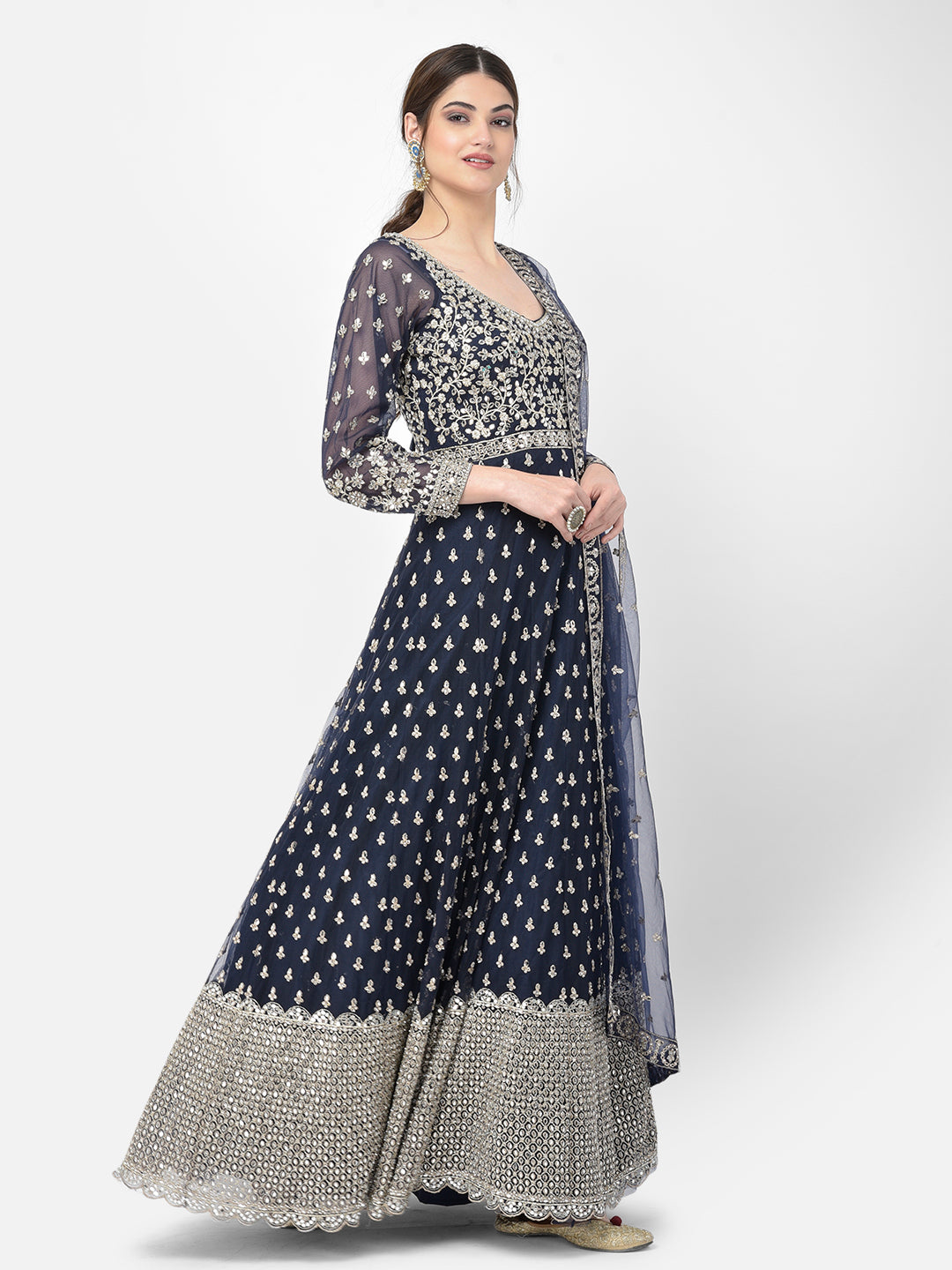 Neerus Blue net embroidered gown - back view