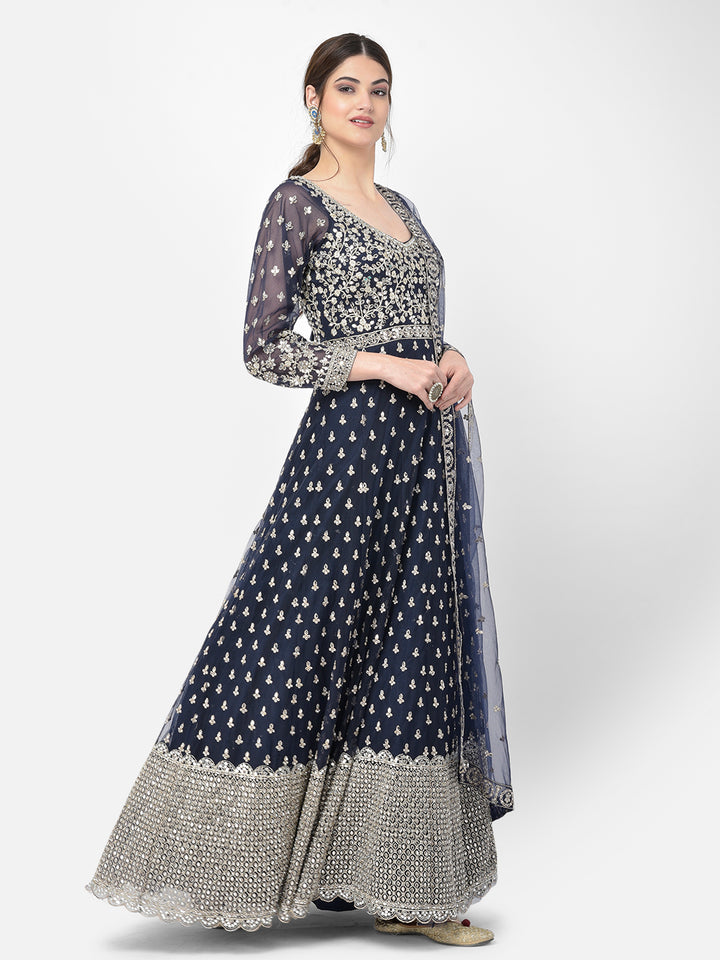 Neerus Blue net embroidered gown - back view