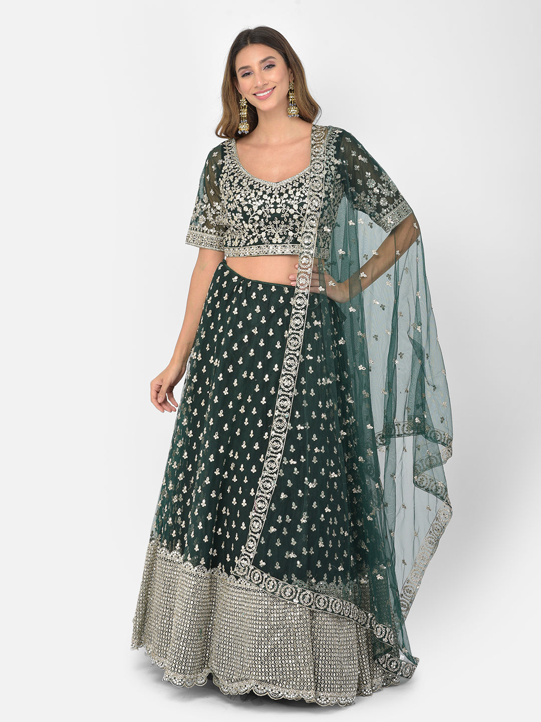 Neerus Green net embellished lehenga choli - front view