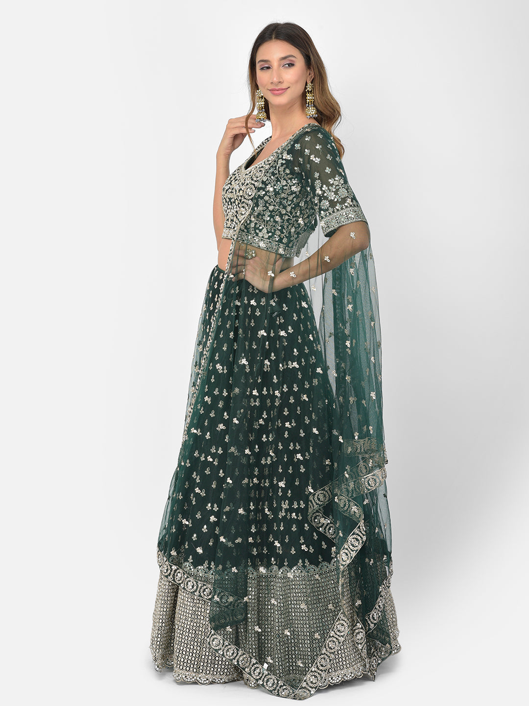 Neerus Green net embellished lehenga choli - back view