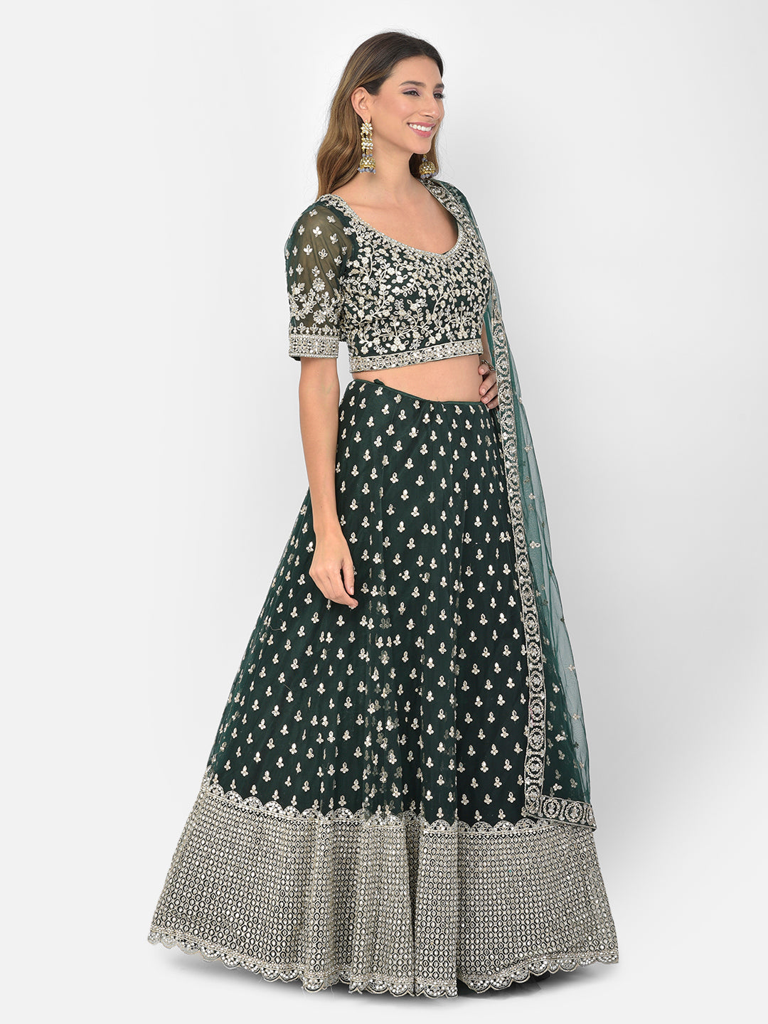 Neerus Green net embellished lehenga choli - side view